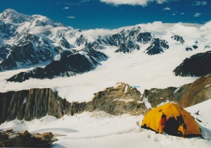 High Camp on Moose's Tooth, with Denali behind