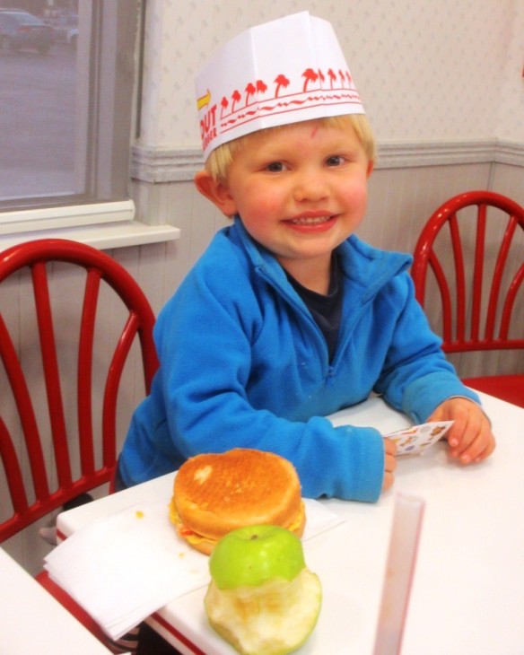 Logan stoked at In N' Out.  His new favorite food is Chocolate Milk Shakes.